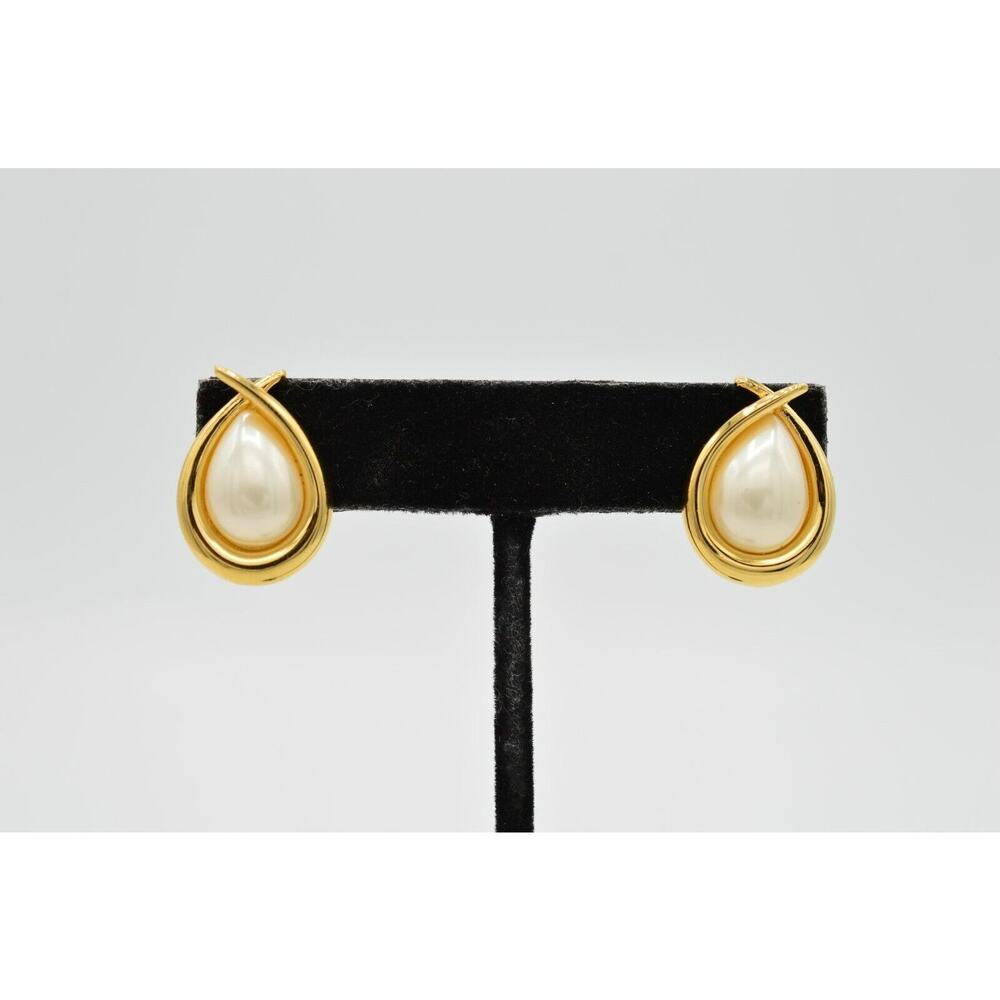 FO Vintage Earrings Clip Pearl Teardrop Gold Fernando Original Signed NOS 80s 9L